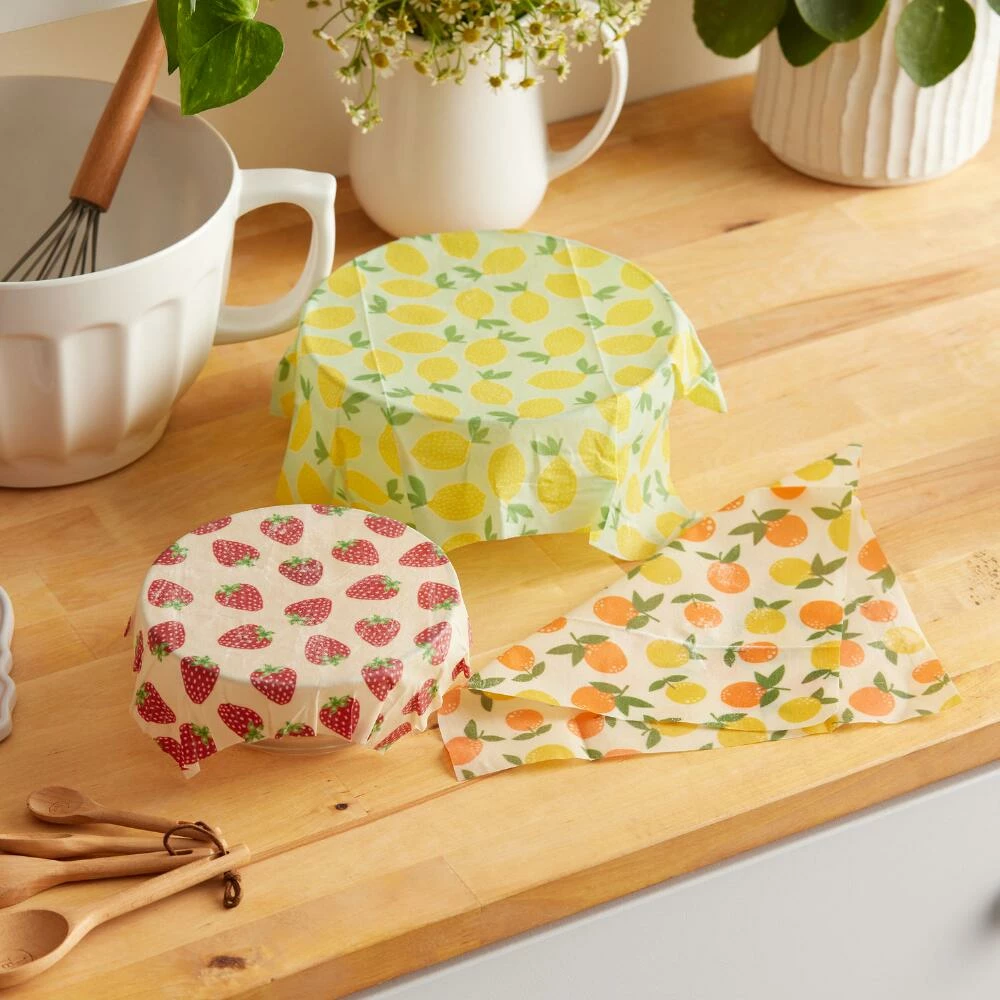 World Market Fruit Pattern Beeswax and Cotton Reusable Food Wraps 3 Pack 4 World Market Fruit Pattern Beeswax and Cotton Reusable Food Wraps 3 Pack - Image 2