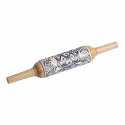 World Market Tunis White and Blue Ceramic and Wood Rolling Pin