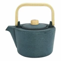 World Market Dark Turquoise Cast Iron and Wood Infuser Teapot