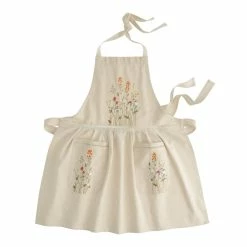 World Market Natural Embroidered Floral Apron with Lace Trim