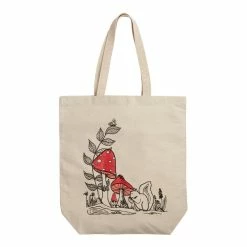 World Market Red Mushroom And Squirrel Line Drawn Canvas Tote Bag