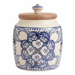 World Market Tunis White and Blue Ceramic and Wood Storage Canister
