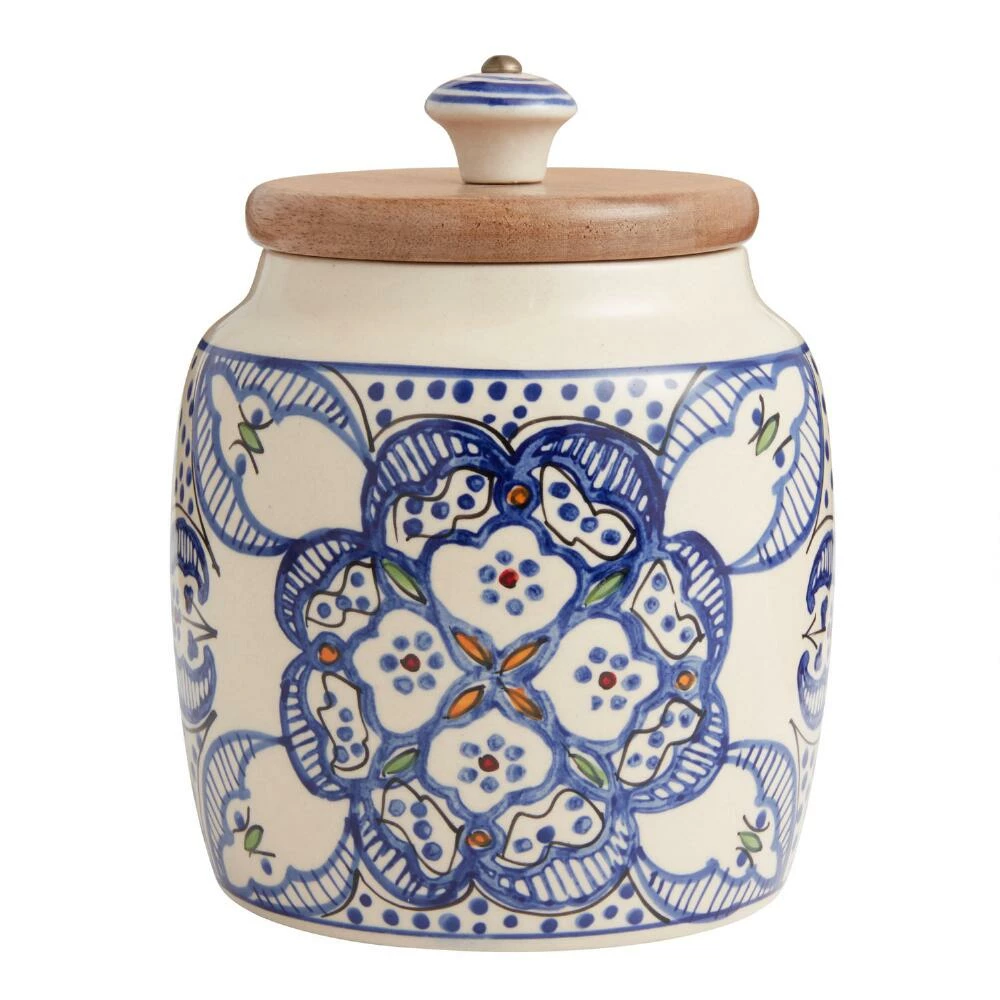 World Market Tunis White and Blue Ceramic and Wood Storage Canister 3 World Market Tunis White and Blue Ceramic and Wood Storage Canister