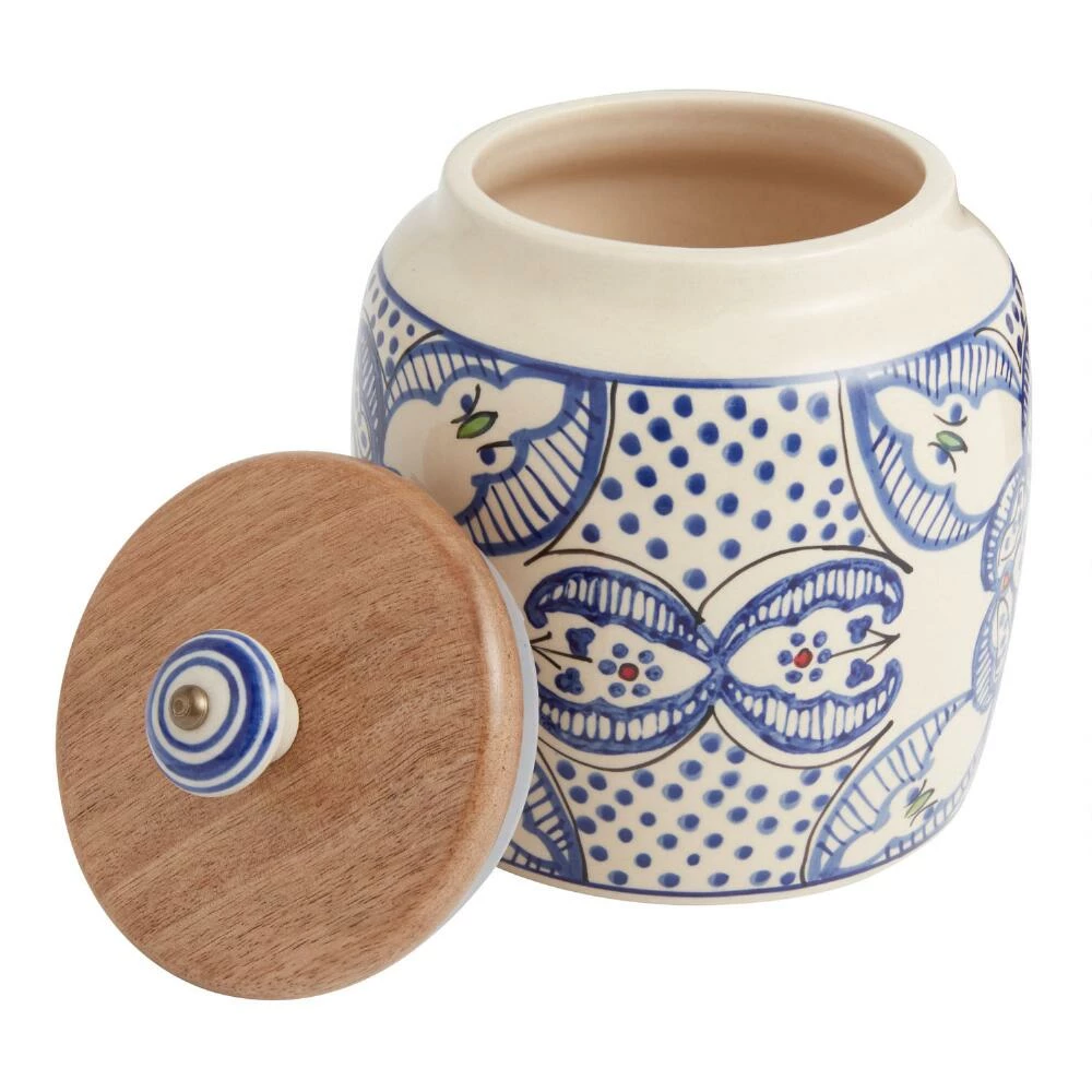 World Market Tunis White and Blue Ceramic and Wood Storage Canister 4 World Market Tunis White and Blue Ceramic and Wood Storage Canister - Image 2