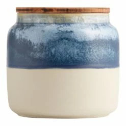 World Market Large Blue Reactive Glaze Ceramic and Wood Storage Canister