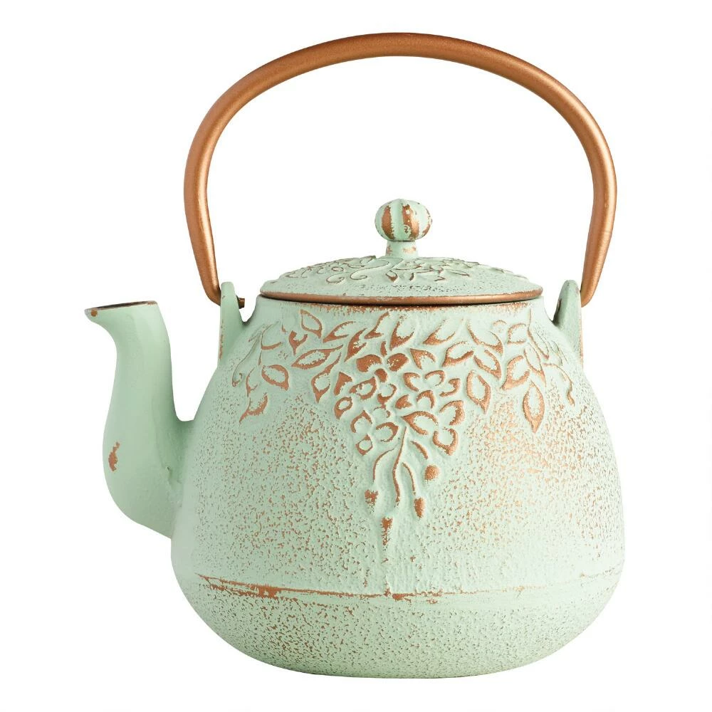 World Market Light Green Embossed Cast Iron Teapot 3 World Market Light Green Embossed Cast Iron Teapot