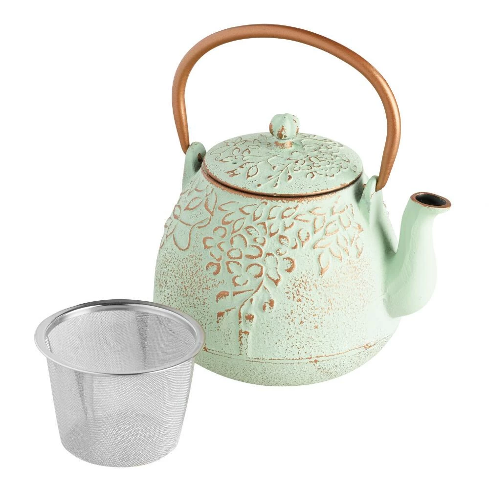 World Market Light Green Embossed Cast Iron Teapot 4 World Market Light Green Embossed Cast Iron Teapot - Image 2