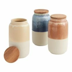 World Market Tall Reactive Glaze Ceramic and Wood Storage Canister