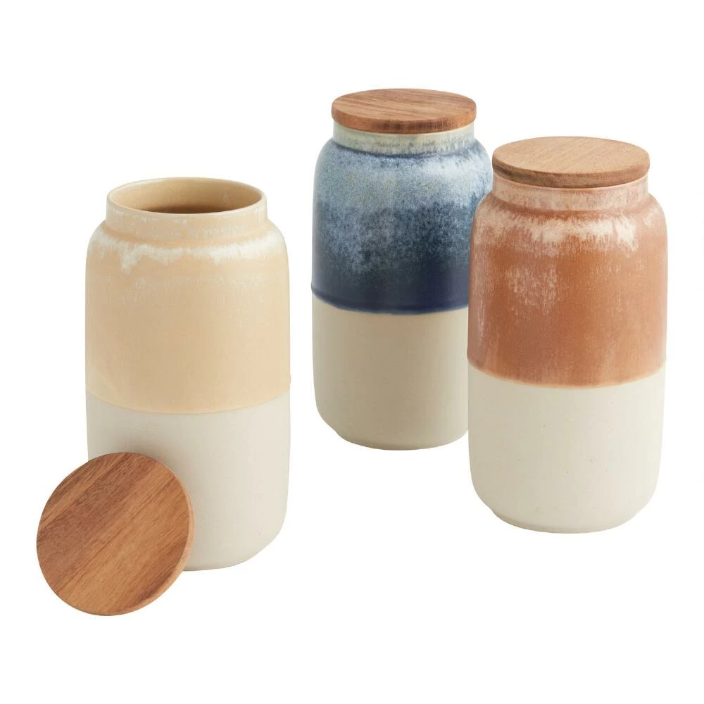 World Market Tall Reactive Glaze Ceramic and Wood Storage Canister 3 World Market Tall Reactive Glaze Ceramic and Wood Storage Canister