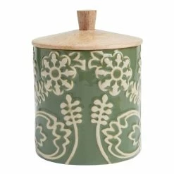 World Market Eden Green Ceramic Floral Embossed Storage Canister