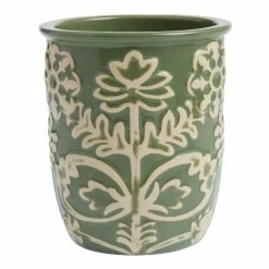 World Market Eden Green Ceramic Floral Embossed Utensil Holder