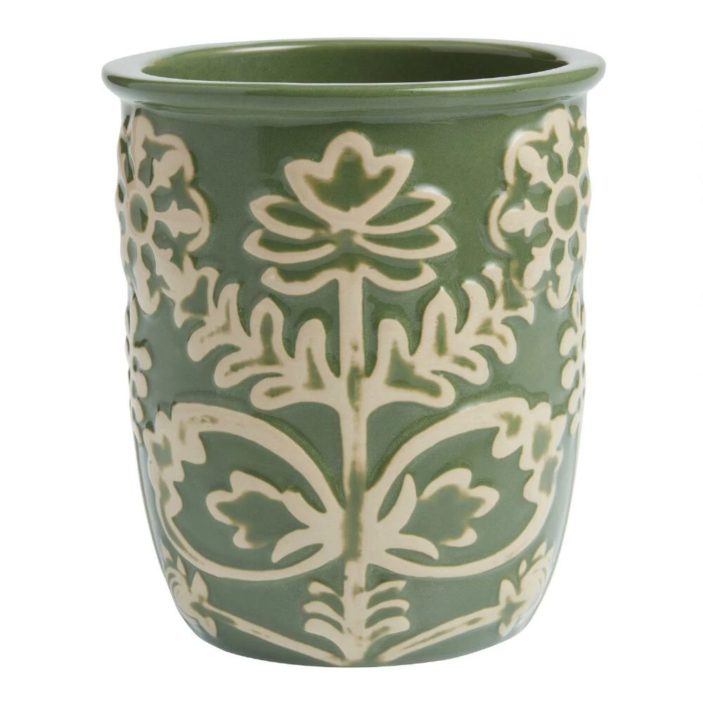World Market Eden Green Ceramic Floral Embossed Utensil Holder 3 World Market Eden Green Ceramic Floral Embossed Utensil Holder
