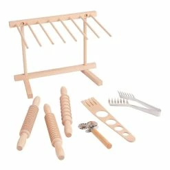 World Market Beech Wood and Steel Pasta Tool Set with Drying Rack 7 Piece