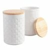 World Market White Textured Ceramic Canisters with Bamboo Lids Set of 2