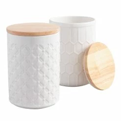 World Market White Textured Ceramic Canisters with Bamboo Lids Set of 2