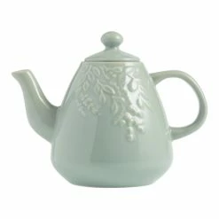 World Market Sage Green Ceramic Botanical Embossed Teapot