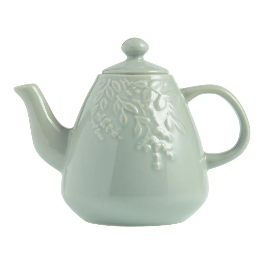 World Market Sage Green Ceramic Botanical Embossed Teapot 3 World Market Sage Green Ceramic Botanical Embossed Teapot